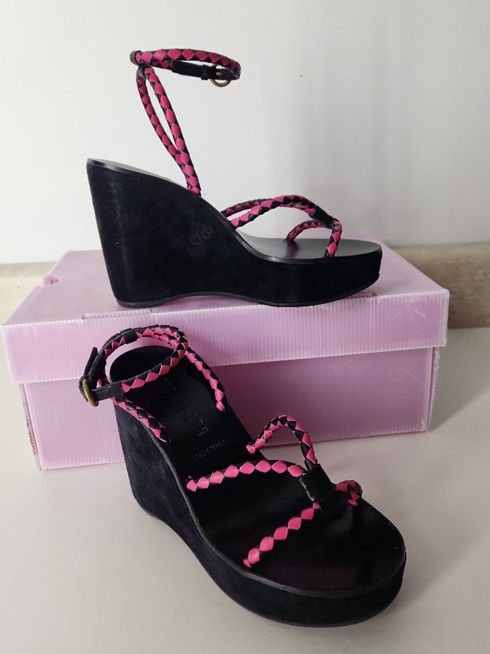 Miu Miu Platform Wedge Sandal Black Suede fushia pink made Italy 34 1/2 shoes 5